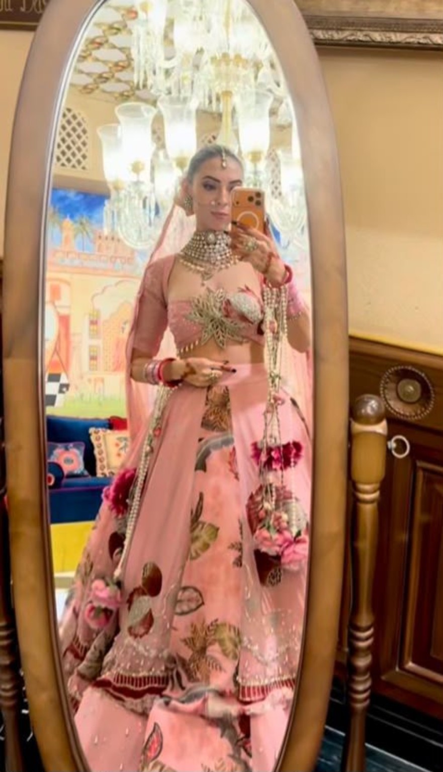 Embroidered red and ivory lehenga